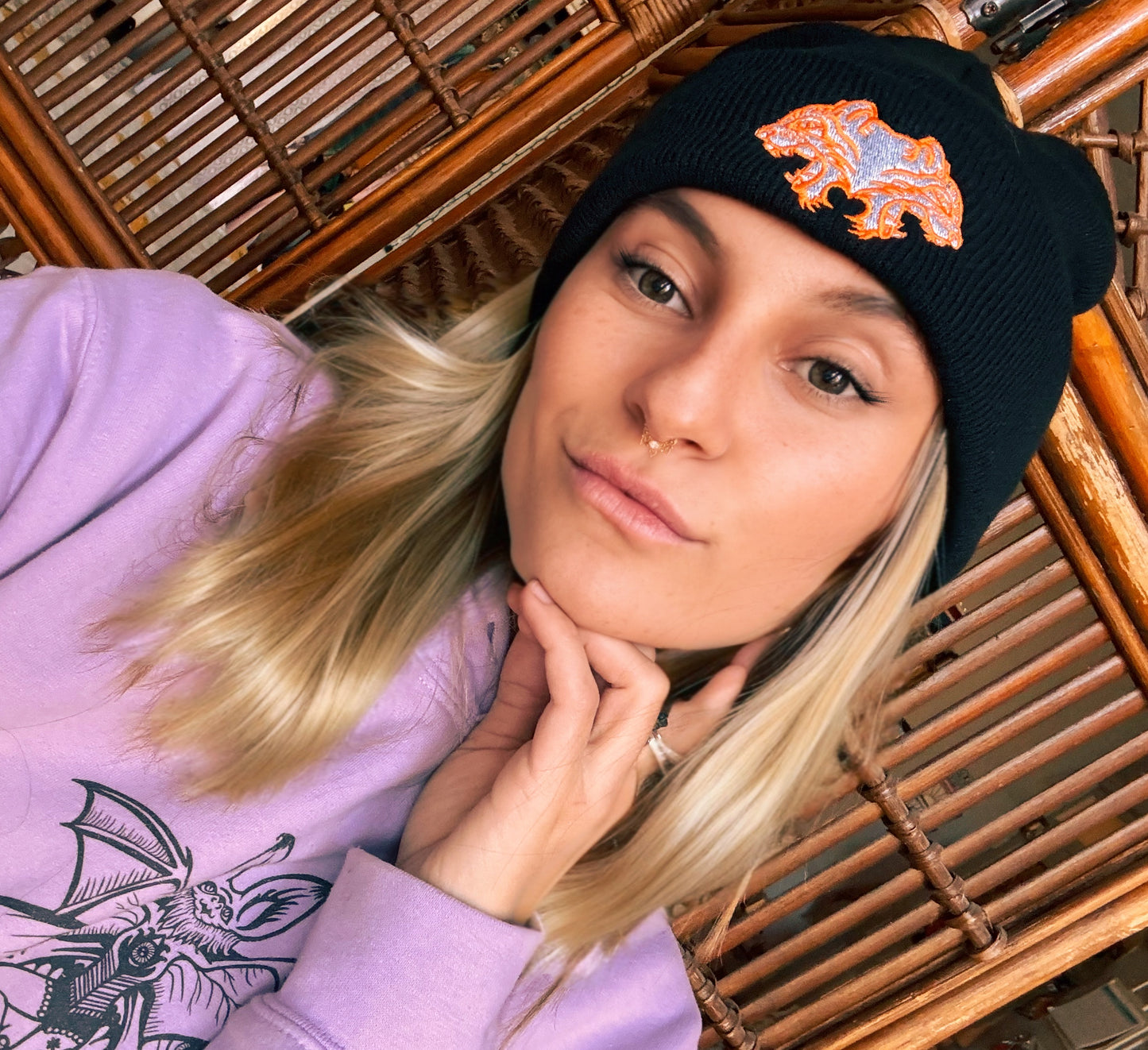 BEANIE - black with orange & blue tigers