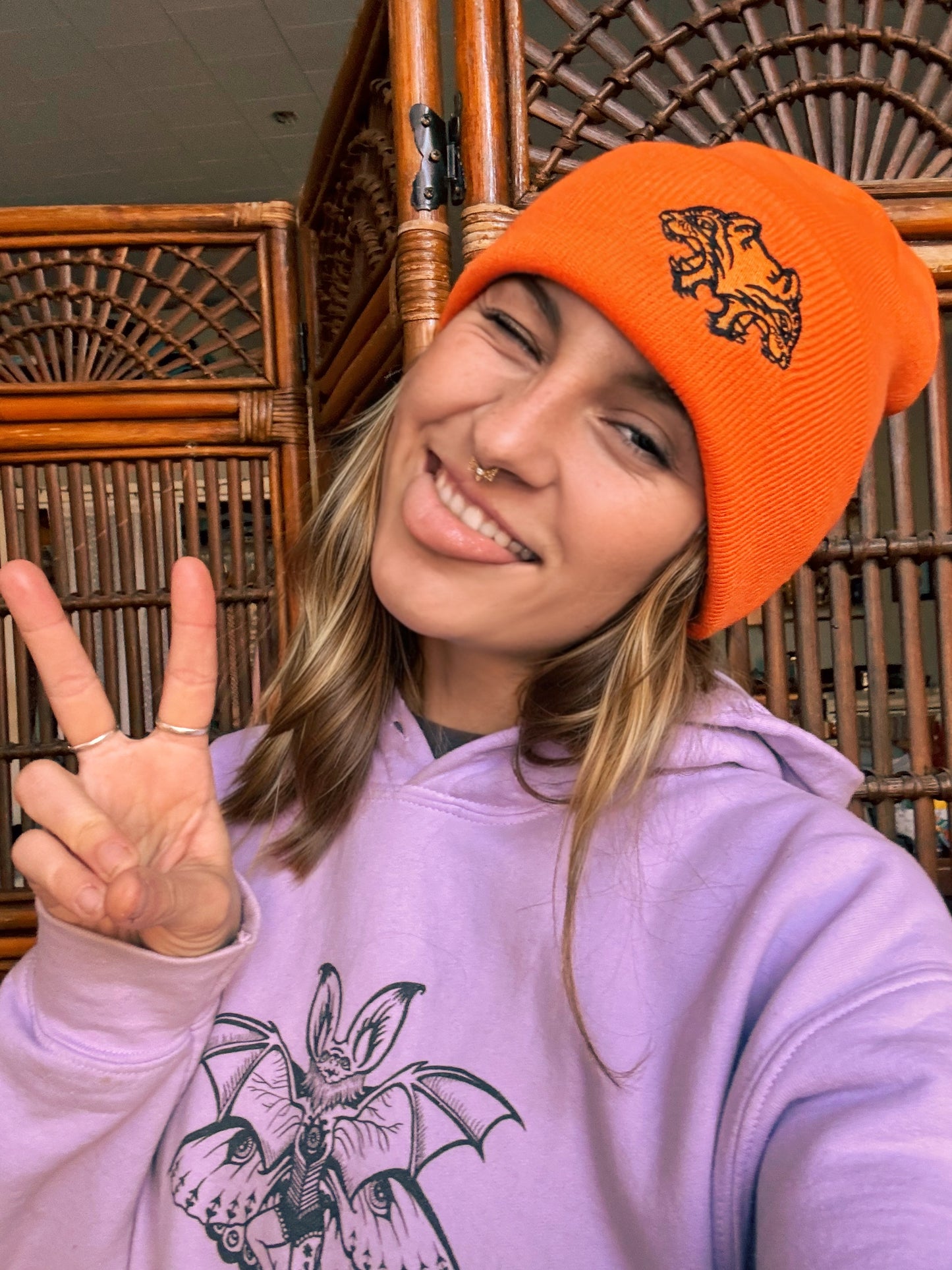 BEANIE - orange with black tigers