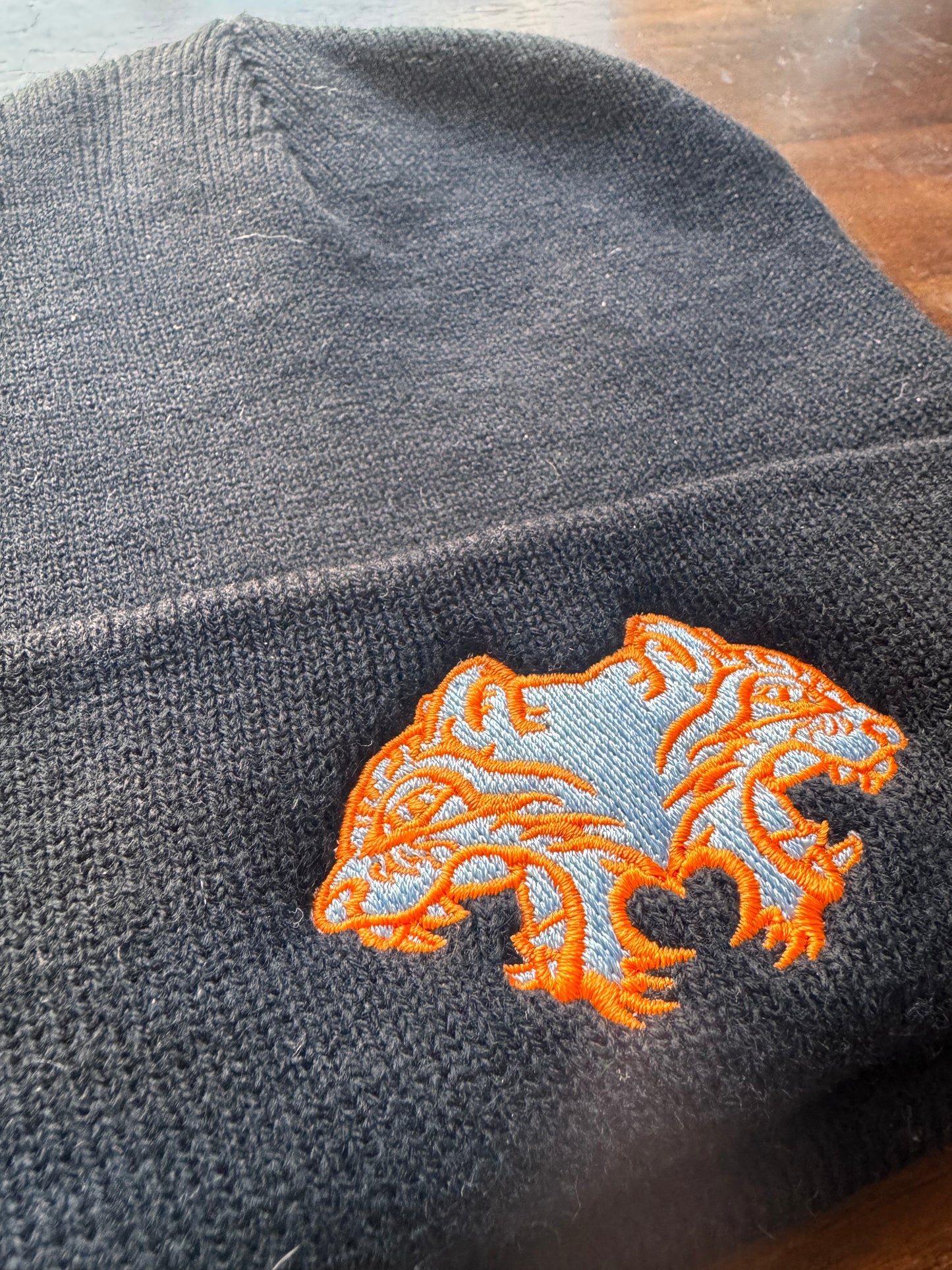 BEANIE - black with orange & blue tigers