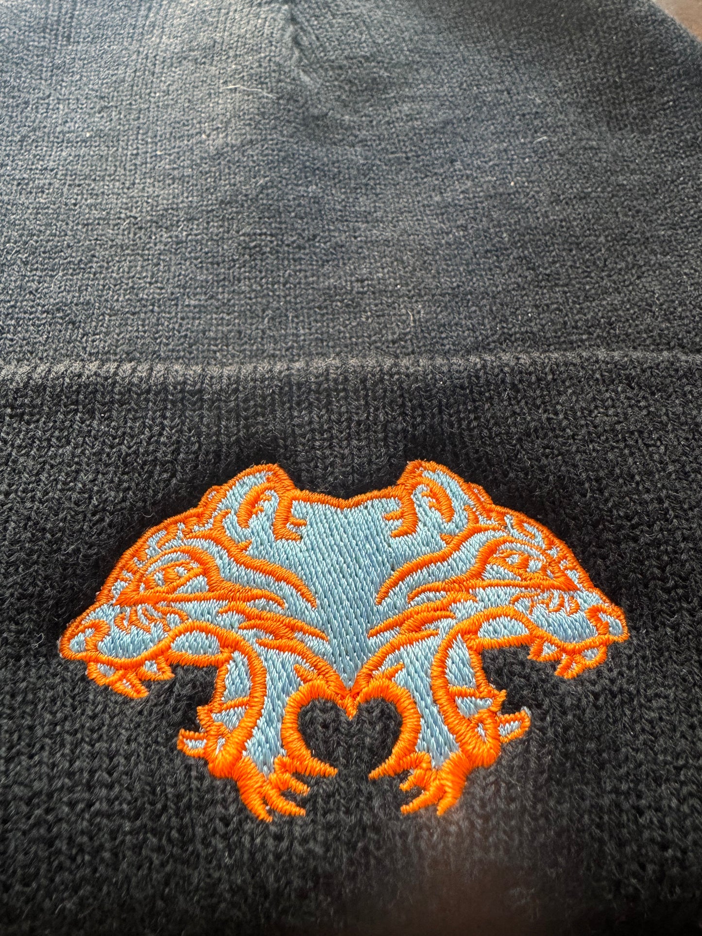 BEANIE - black with orange & blue tigers