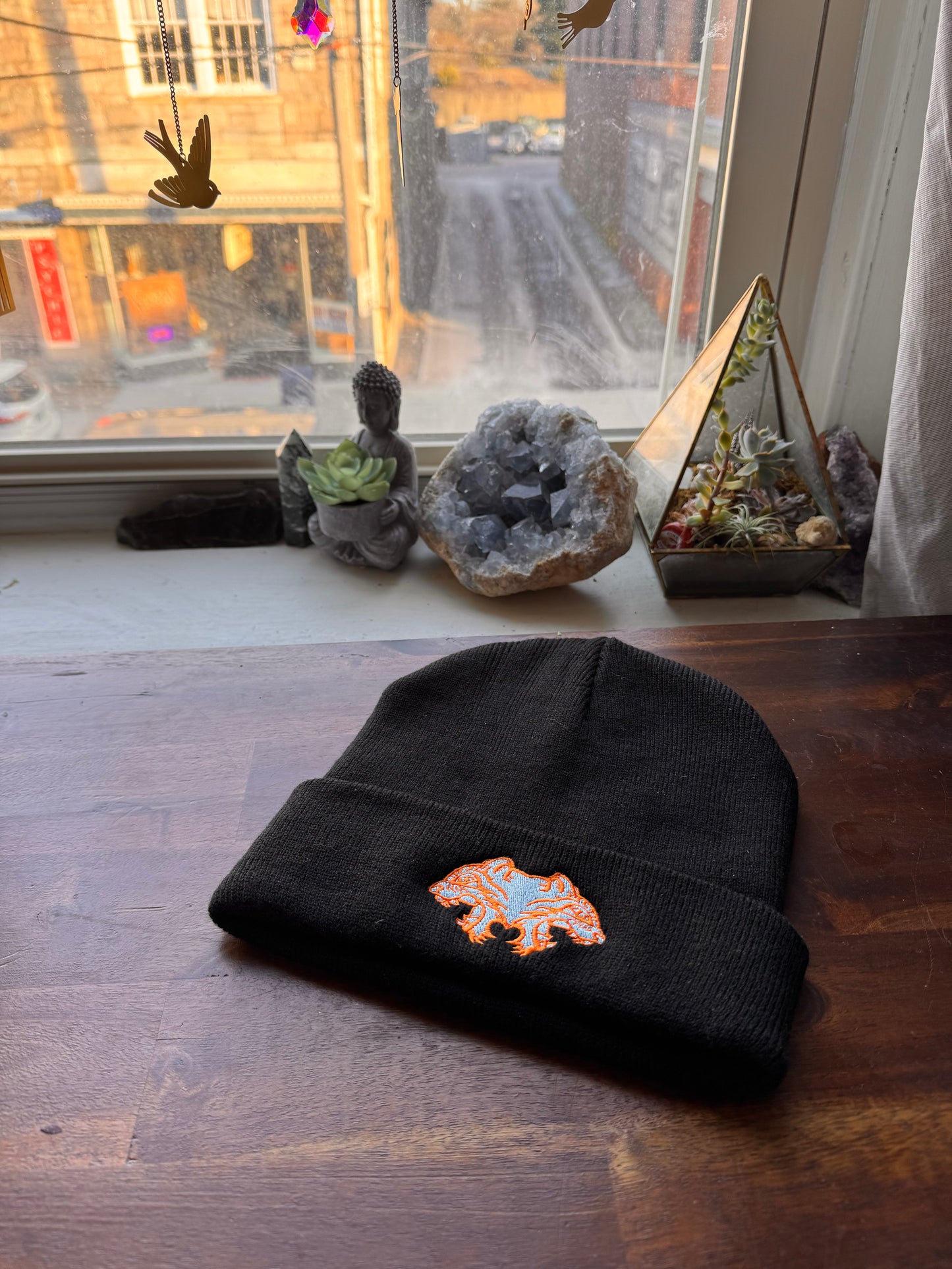 BEANIE - black with orange & blue tigers