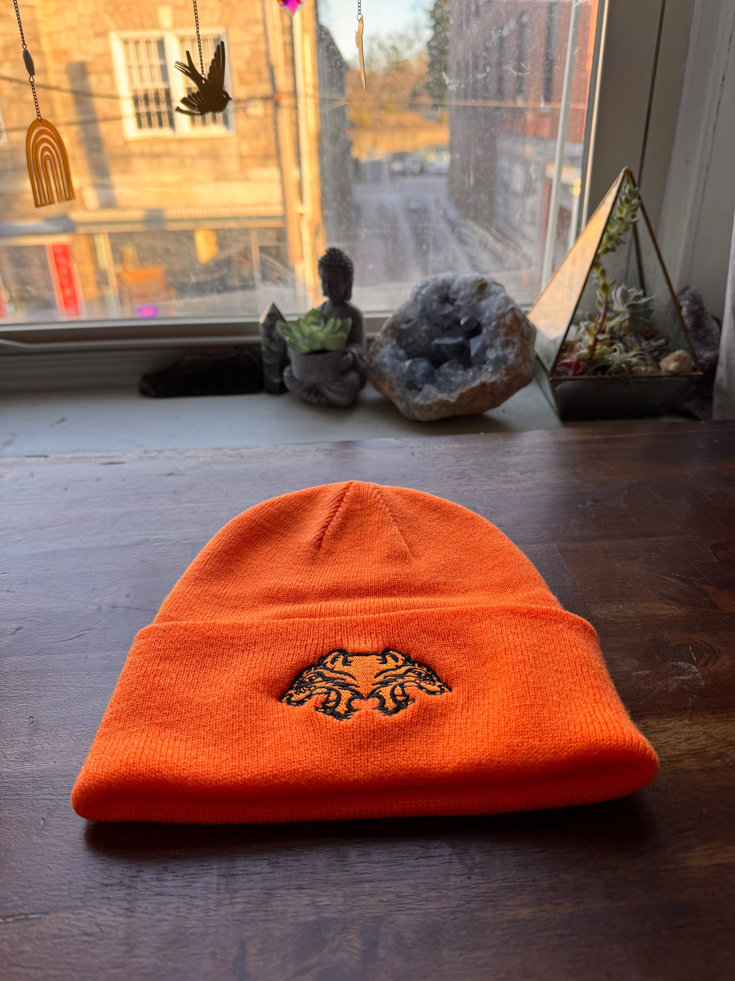 BEANIE - orange with black tigers
